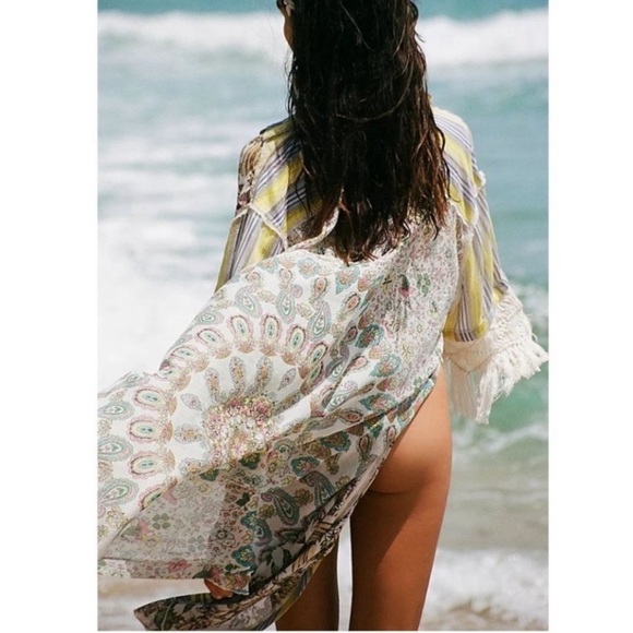 FREE PEOPLE shirt Duster large Watching Waves Maxi Aquamarine Combo NEW - Picture 6 of 15